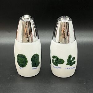 Vintage 1970s Gemco Westinghouse  Zodiac Signs Salt Pepper Shaker Set Milk Glass